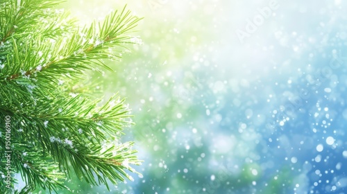Beautiful Christmas tree with snow on its branches and a clear blue sky in the background
