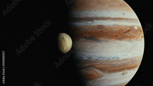 Jupiter in space orbiting cinematic look 4k with moons