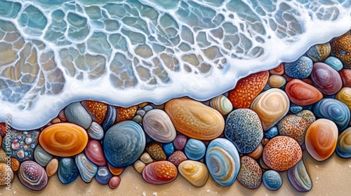 Beach scene with a large wave crashing over a pile of rocks. The rocks are of various sizes
