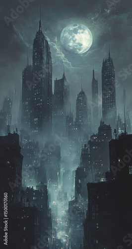 Mysterious Metropolis Under a Full Moon photo