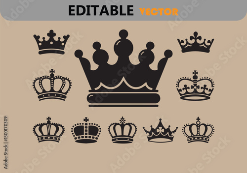Collection of nine different black crown icons on beige background