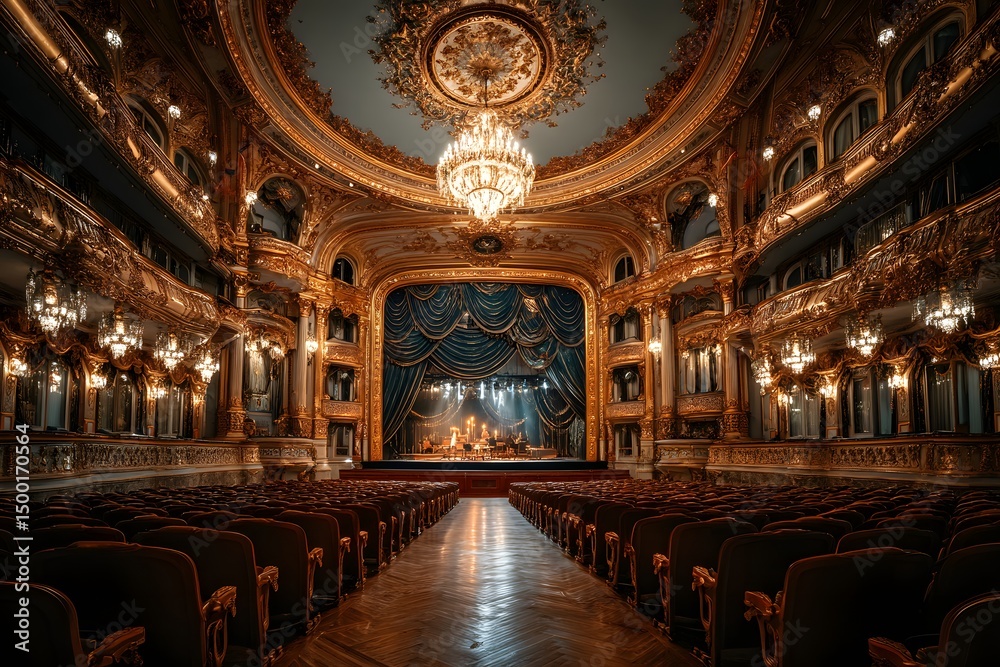 Obraz premium Large, ornate theater with a chandelier hanging from the ceiling. The theater is empty, but the gold accents and chandelier give it a sense of grandeur and luxury
