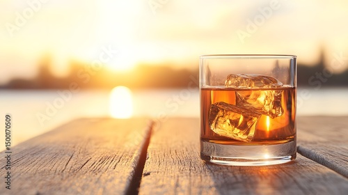 Sunset Whiskey Glass on Wooden Dock: Golden Hour Drink Photography