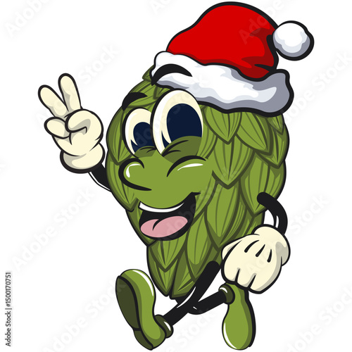 vintage hops vektor illustration mascot character wearing a Santa Claus hat while giving a two-finger peace sign, work of hand drawn
