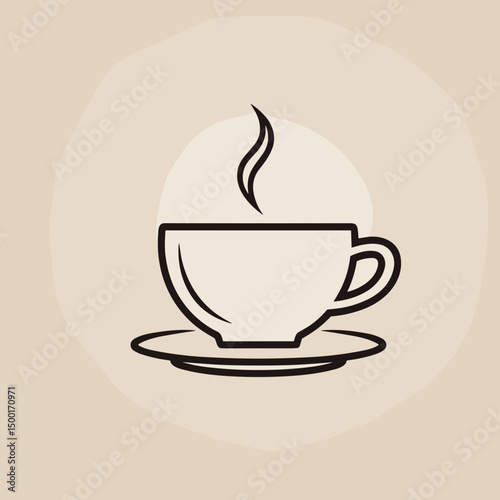 Coffee cup with steam on saucer in minimalist style  