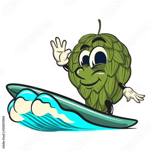 vintage hops vektor illustration mascot character surfing riding the waves, work of hand drawn