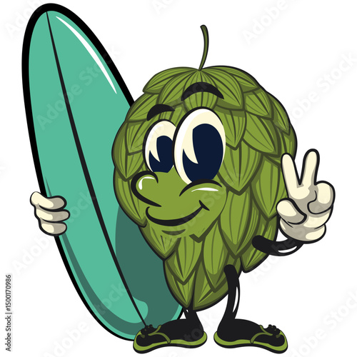 vintage hops vektor illustration mascot character with surfboard and gave a peace sign, work of hand drawn