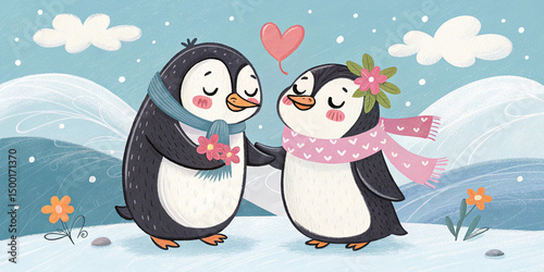 A charming pair of penguins in love for a romantic nursery decor