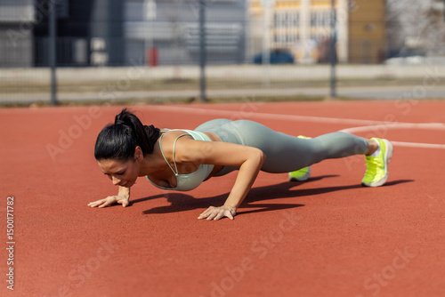 Fototapeta Naklejka Na Ścianę i Meble -  Young sportswoman in shape is doing pushups on court.