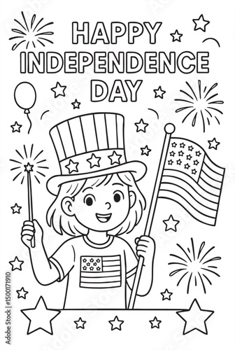 Patriotic-themed coloring page featuring a cheerful child with flags, stars, and fireworks. Festive scene designed for celebrating national holidays.