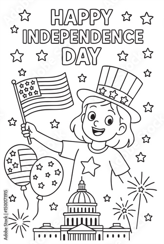 Patriotic-themed coloring page featuring a cheerful child with flags, stars, and fireworks. Festive scene designed for celebrating national holidays.