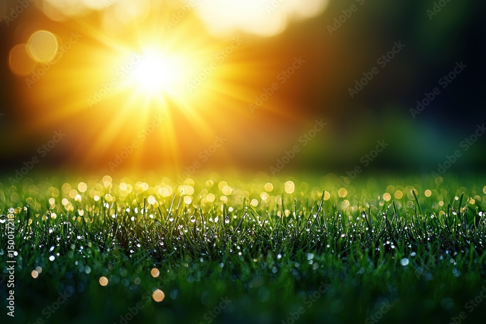Fototapeta premium Sunlit dew drops on grass, blurred background