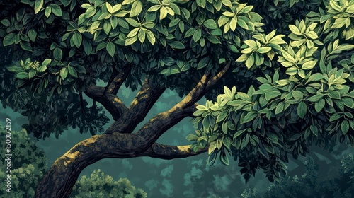 Tree with green leaves and a brown trunk. The tree is in a forest