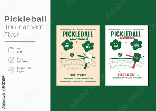 Gray White Green Pickleball Club Tournament Event Flyer or Poster Vector with Retro Paddle Illustration for Advertising Competition Events, Training, Matches