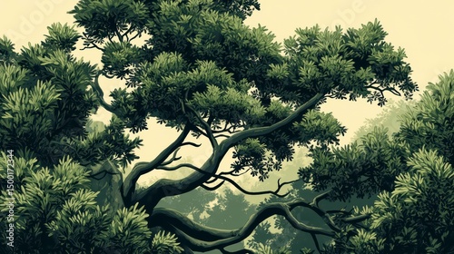 Large tree with many branches and leaves. The tree is green and he is in a forest