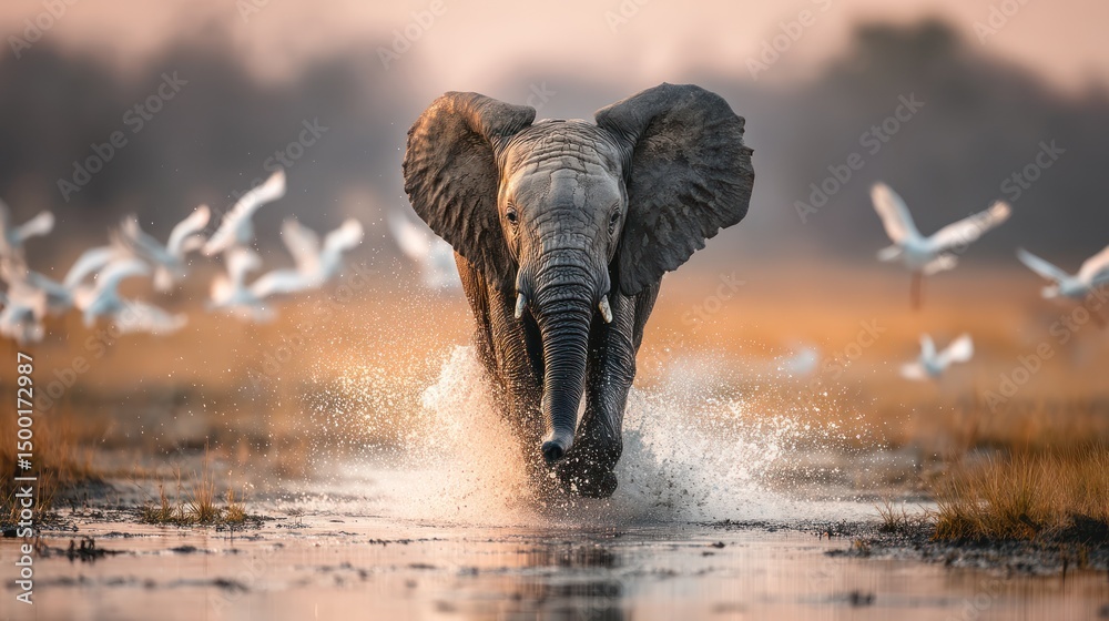 Fototapeta premium Elephant charging, African savanna, birds flying, sunset