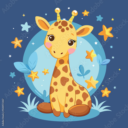 Cute cartoon giraffe under the moonlit night sky