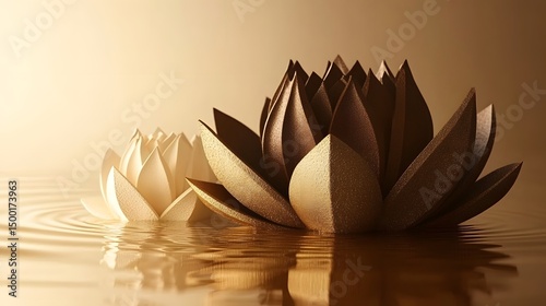 Elegant Gold and Brown Lotus Flowers on Water Surface