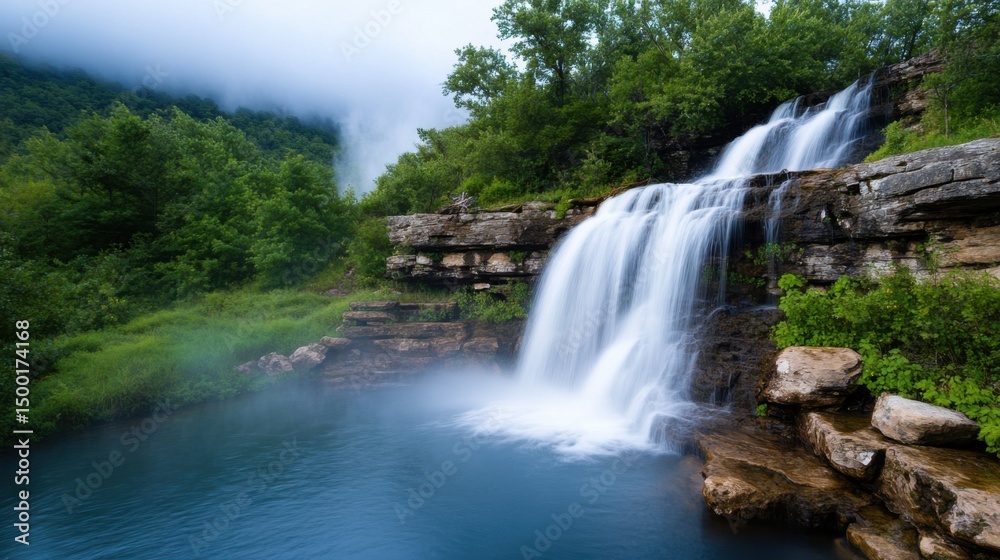 Obraz premium Water flows dramatically over rocky formations, creating a tranquil pool surrounded by dense trees and misty mountains in the background. Nature's beauty captivates the senses.