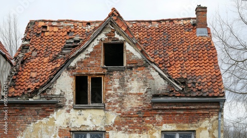 Damaged brick house with missing roof tiles and broken windows.