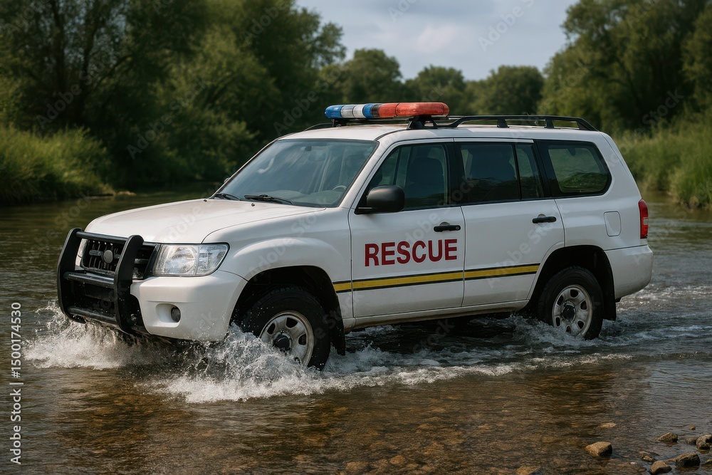Obraz premium Rescue vehicle navigating through shallow waters on a sunny day, showcasing emergency preparedness and teamwork