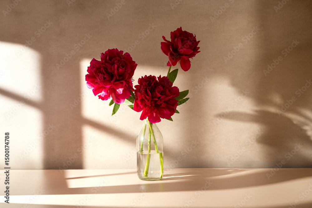 Fototapeta premium Red peony flower in a vase. Blooming peony flower, neutral background