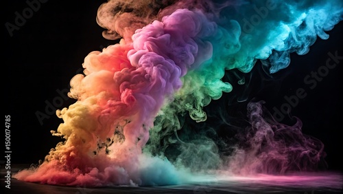 Colorful Smoke Explosion: A vibrant plume of colorful smoke billows across a dark expanse, creating a mesmerizing abstract display of color and movement, offering a visual feast for the eyes.