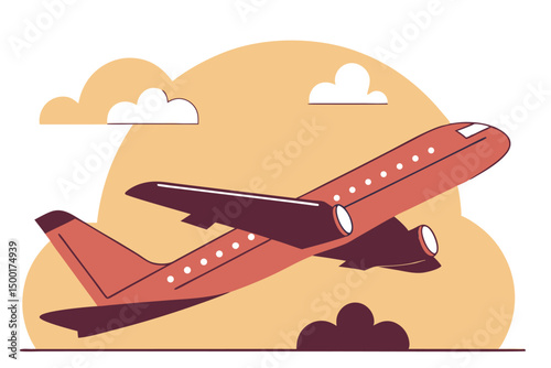 Airplane flying into blue sky, vector illustration, aviation travel concept