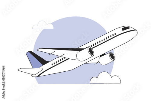 Airplane flying into blue sky, vector illustration, aviation travel concept