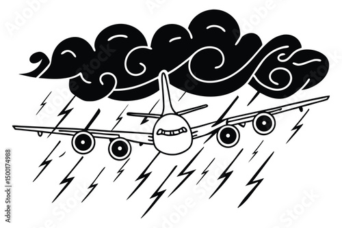 Airplane flying through stormy sky, black and white line art illustration, dark clouds, lightning, minimalist aviation theme