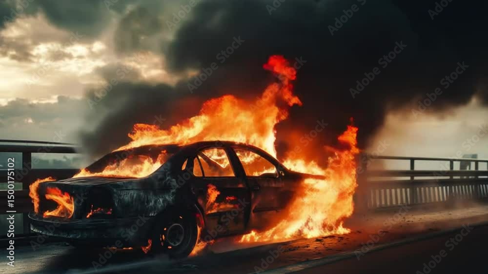 Abandoned Car in Flames on Highway Bridge with Black Smoke Rising