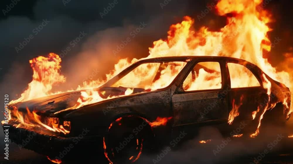 Abandoned Car Engulfed in Flames During Intense Blaze at Night
