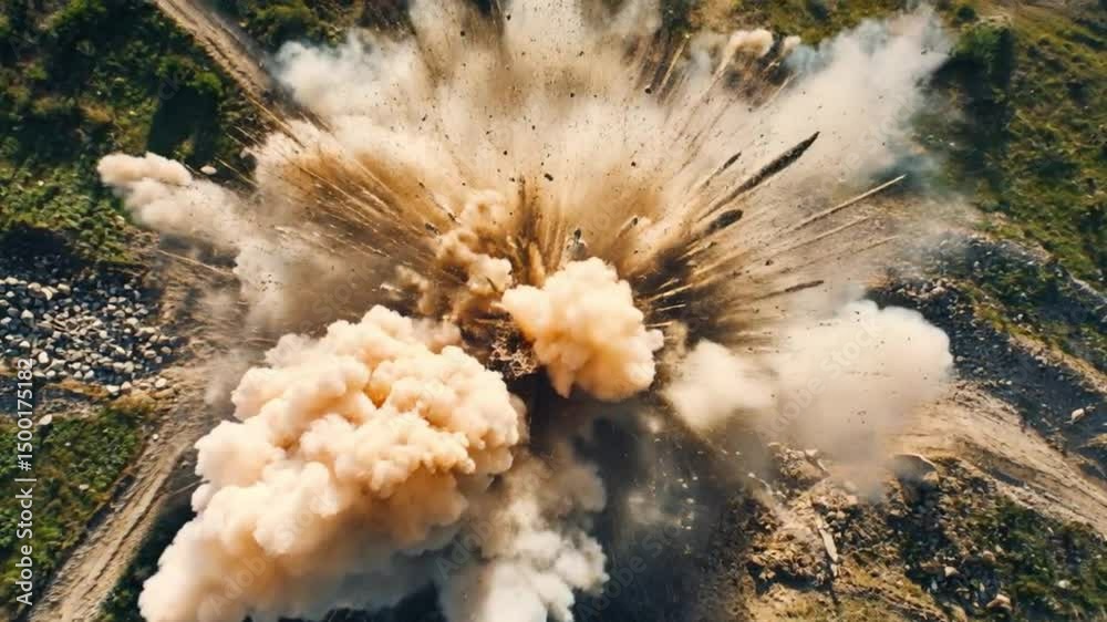 Aerial View of Massive Ground Explosion With Smoke and Debris Flying Outward