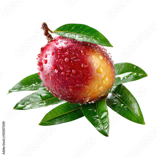 Fresh mango with leaves and water droplets isolated on transparent background