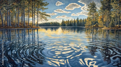 Painting of a lake with trees in the background. The water is calm and the sky is blue