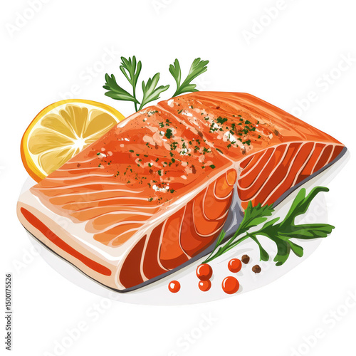 Salmon fillet with lemon and herbs isolated on transparent background