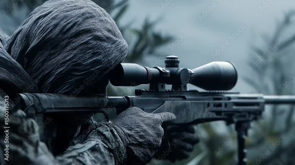Military Sniper Aiming Rifle in Rainforest Camouflage During Covert Operation