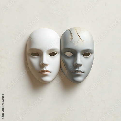 Two symmetrical masks depicting light and dark or duality
