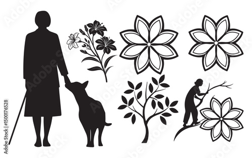 Blind woman with guide dog flowers and trees silhouettes