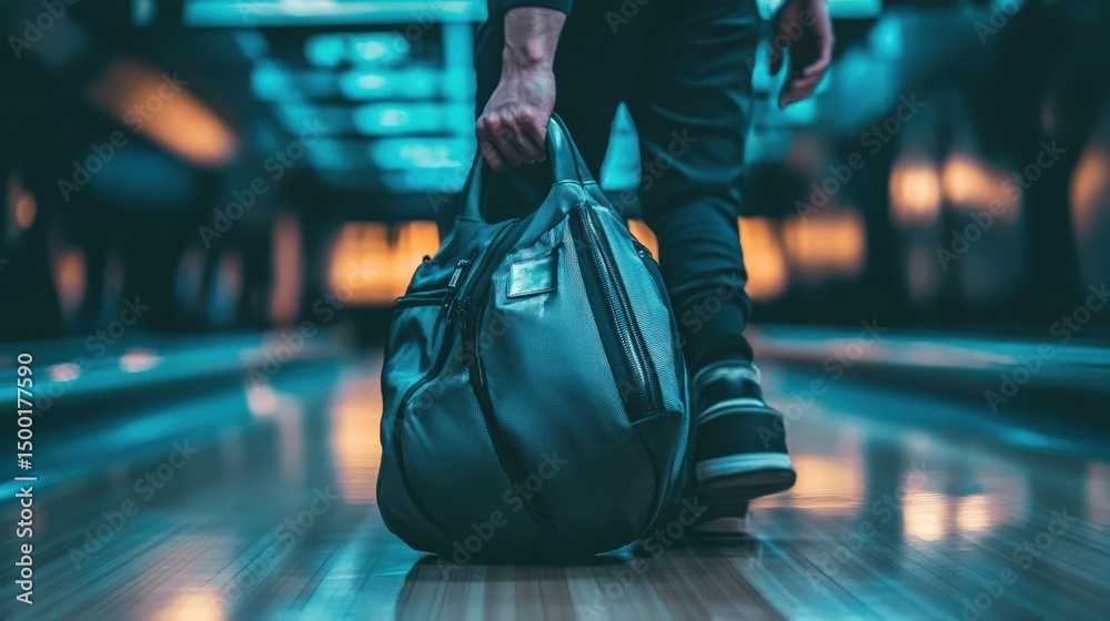 Obraz premium Person carrying bowling bag down bowling alley.