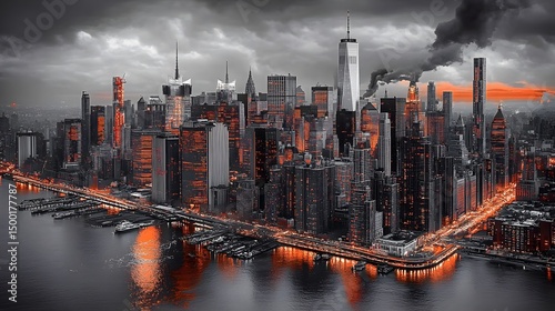 Stunning Aerial View of NYC Skyline at Sunset, Black and Orange Cityscape