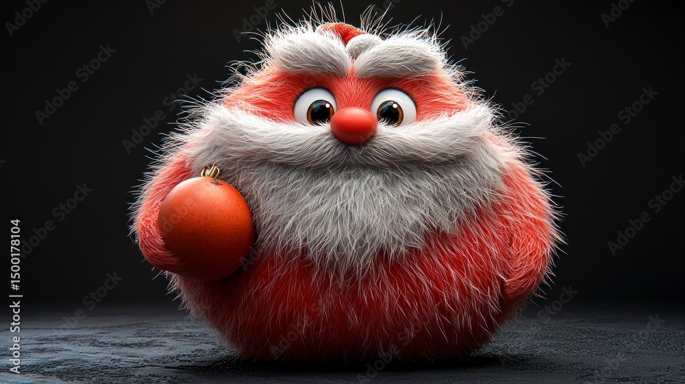 Fototapeta premium Animated, fluffy Santa figure with red outfit and beard, holding bauble