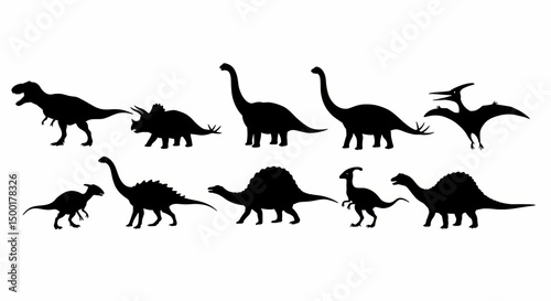 Fototapeta Naklejka Na Ścianę i Meble -  Silhouettes of prehistoric dinosaurs on white background. Generative AI