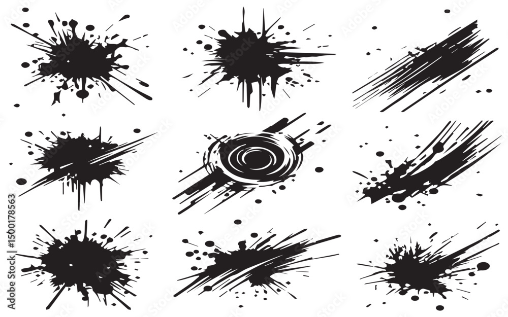 Abstract black ink splatter brush stroke design elements