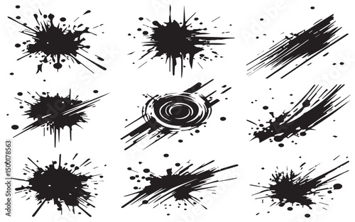 Abstract black ink splatter brush stroke design elements