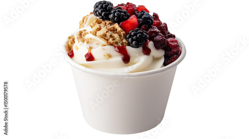 Ice cream in paper cup with cookie and fruit on transparent background