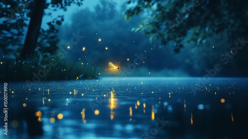 Small firefly is flying over a body of water. The water is calm