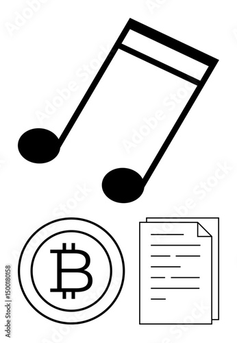 Musical note, bitcoin logo, paper document symbolizing digital finance, music creation, data sharing. Ideal for innovation, technology, creativity, blockchain intellectual property finance