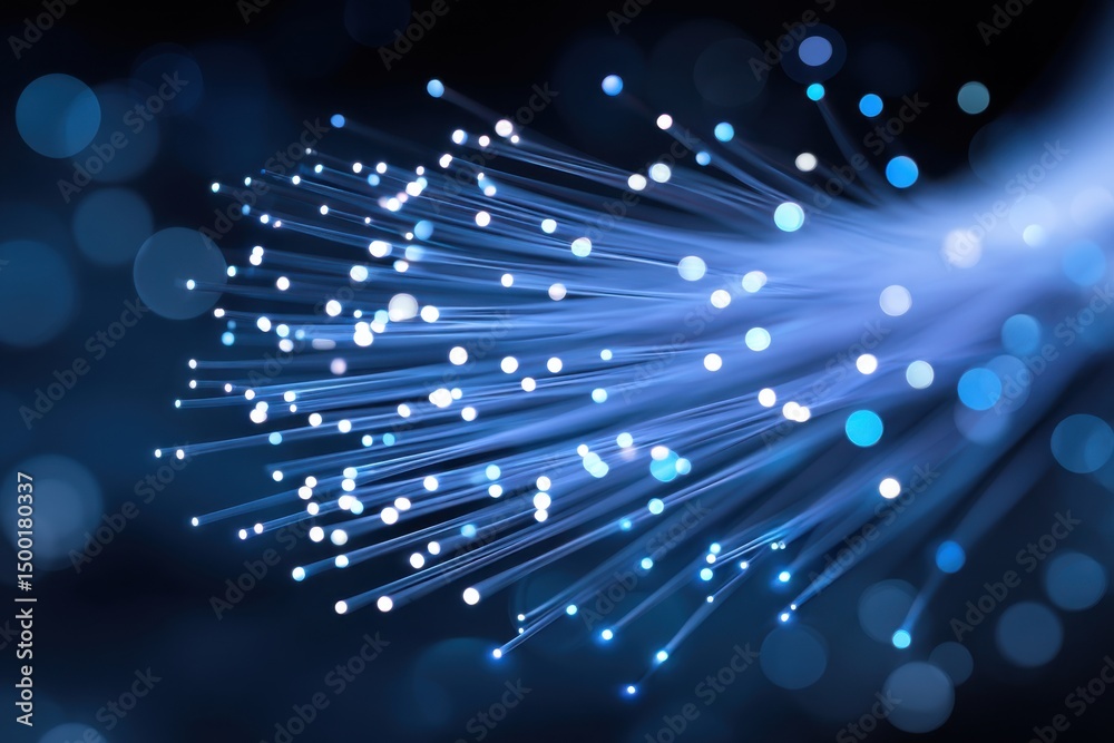 Fototapeta premium Fiber optic cables glowing on dark background transmitting data through optical fibers