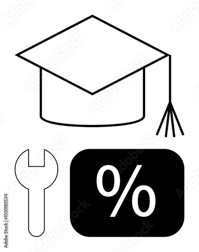 Graduation cap, wrench, and percentage symbol illustrate education, skill-building, and financial knowledge. Ideal for education, training, growth, career planning budgeting problem-solving flat